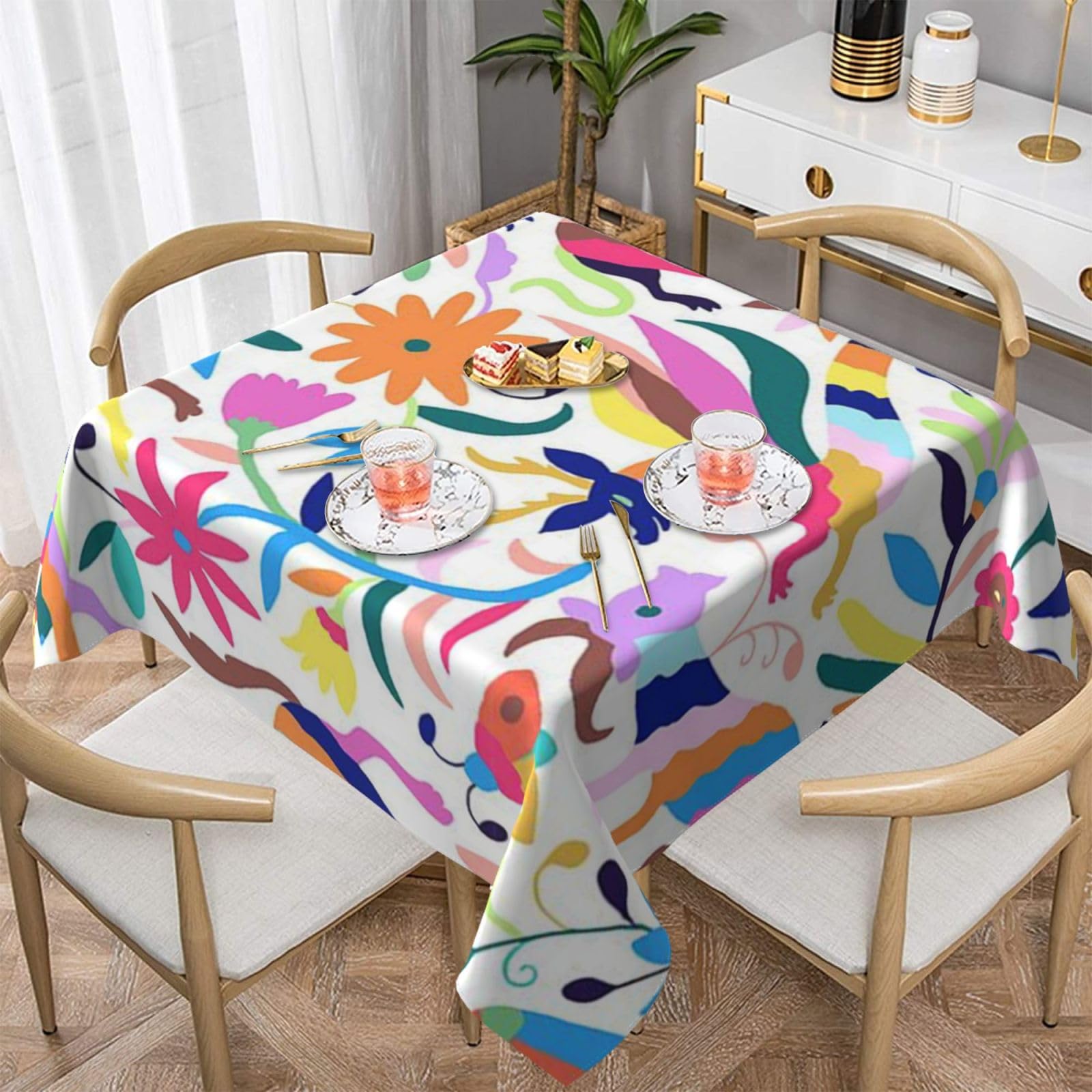 DCEHGEW Mexican Otomi Animals Prints Square Tablecloth 137x137 CM, Waterproof Fabric Table Cloth for Dining Table, Farmhouse Table Cover for Kitchen Dining Tabletop Decoration