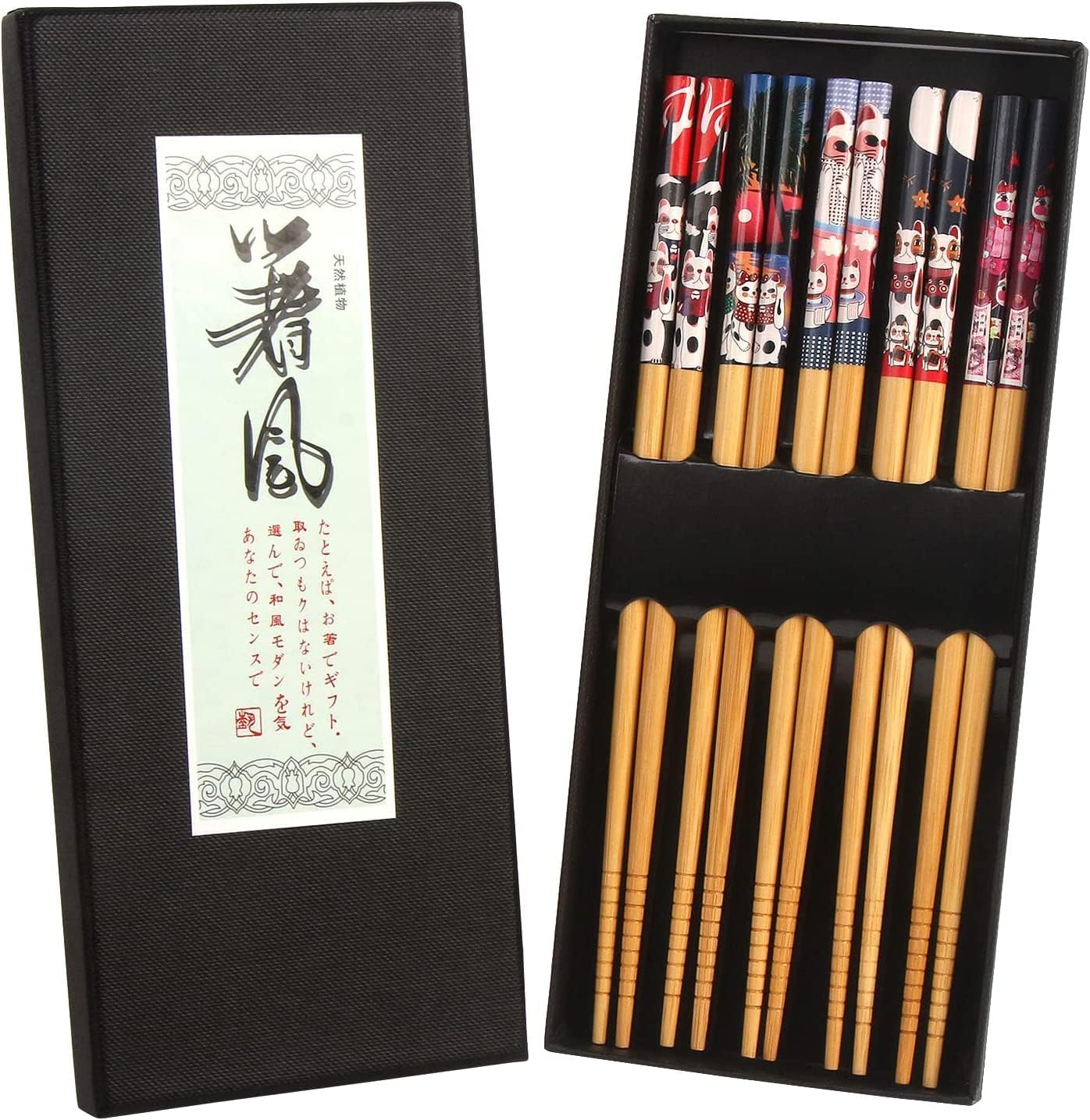 SYOSI Bamboo Chopsticks - Premium 5-Pack Japanese Reusable Chopsticks with Fortune Cat Print - Natural Food-Grade Chop Sticks for Sushi, Asian Dishes