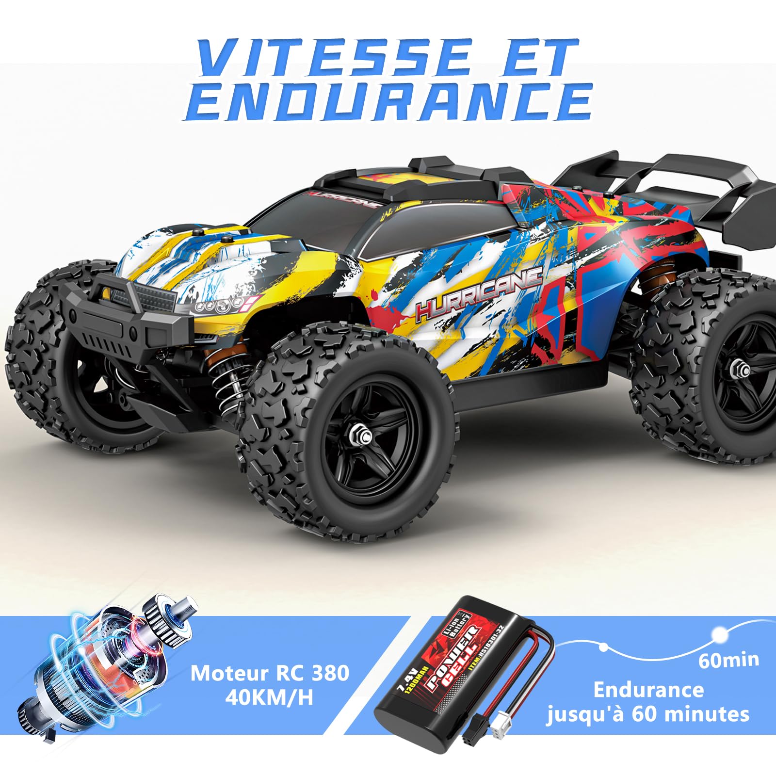 JONRRYIN Voiture Télécommandée, 1:18 4WD RC Voiture Radiocommandées avec 2 Batterie 60 Minutes, 2.4 GHz Tout Terrain Rapide Voiture, Jouet Monster Truck pour Enfant Adulte Anniversaire Cadeau