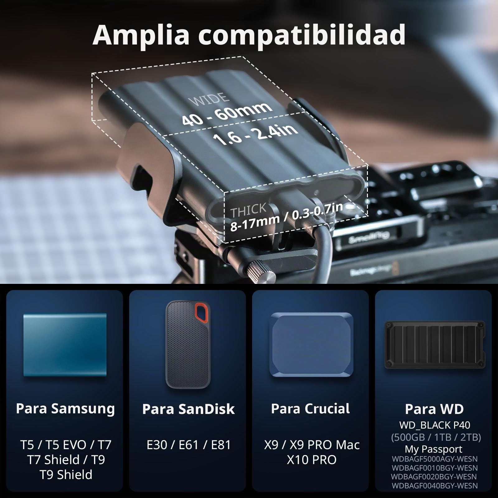 SMALLRIG Soporte universal para SSD con abrazadera de cable de zapata fría, abrazadera de 40-60 mm de ancho, soporte de montaje SSD para MagSafe, para Samsung T5 T7 SSD, para SanDisk SSD, compatible