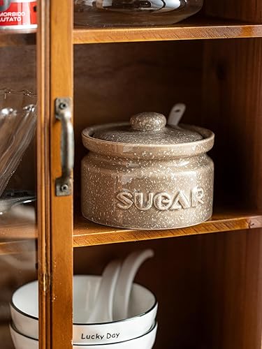 Miniatura 7 de Gomakren Azucarero con tapa y cuchara, contenedor de azúcar de 10 onzas, tarro de azúcar de cerámica para cafetería, cocina, encimera, decoración