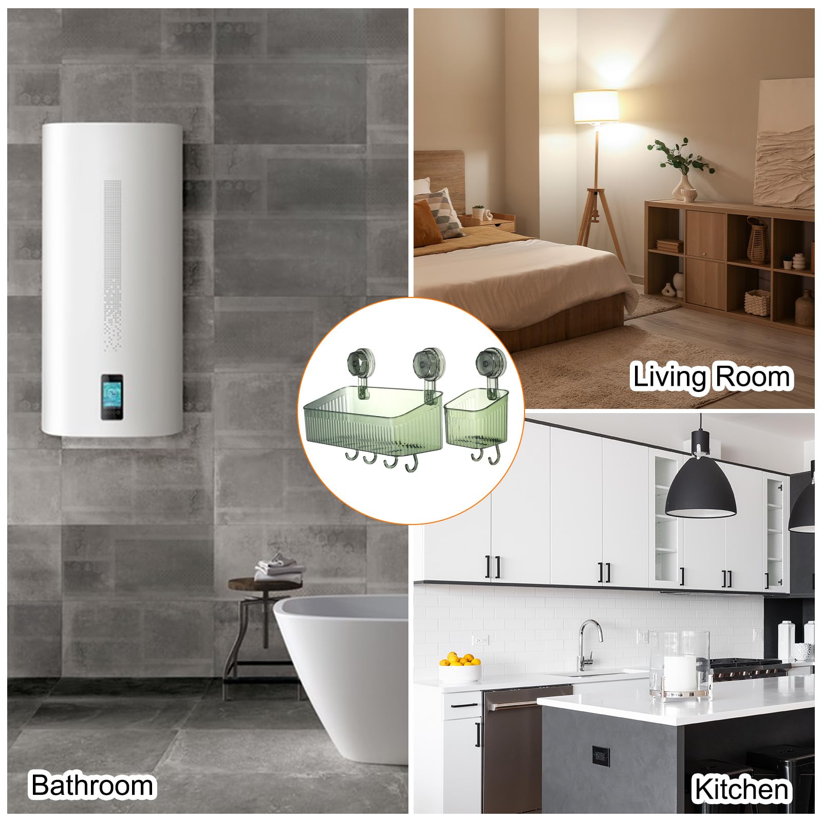 uxcell 1 juego de organizador de ducha con ventosa con ganchos, 3 unidades, estante organizador de ducha con ventosa, estante dispensador de montaje en pared, estante de almacenamiento para baño,