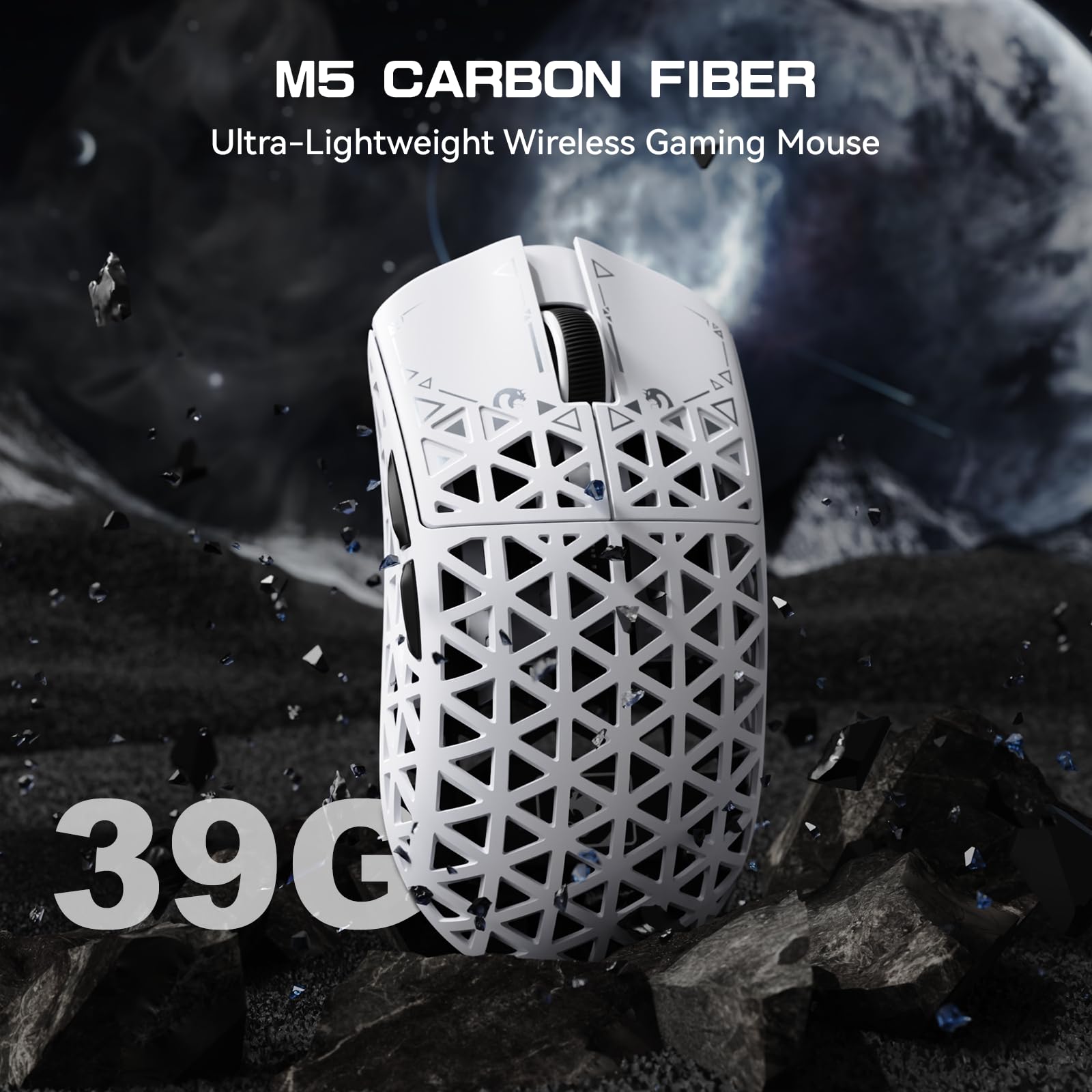 MAMBASNAKE M5 Ultra Carbon Fiber Mysz Bezprzewodowa do Gier 8000Hz z Rozdzielczością do 42000 DPI, Czujnikiem PAW3950MAX, 39g Ultralekka, Układ Nordic 52840, 2,4GHz/BT/Wired, do PC/Xbox/PS/Mac - Biała