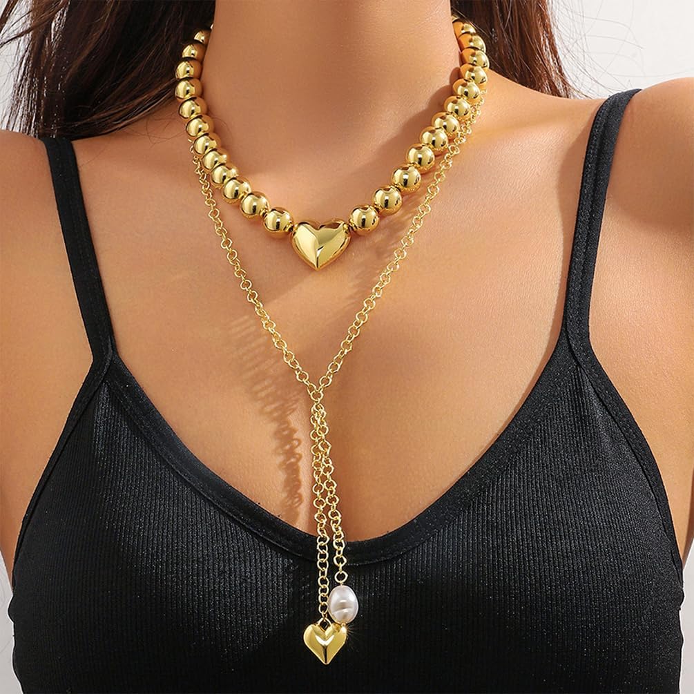 Layered Chunky Gold Heart Pearl Pendant Choker Necklace, Puffy Sweet Love Pearls Tassel Y Necklaces for Women Unique Fashion Statement Party Jewelry Gift - Image 3