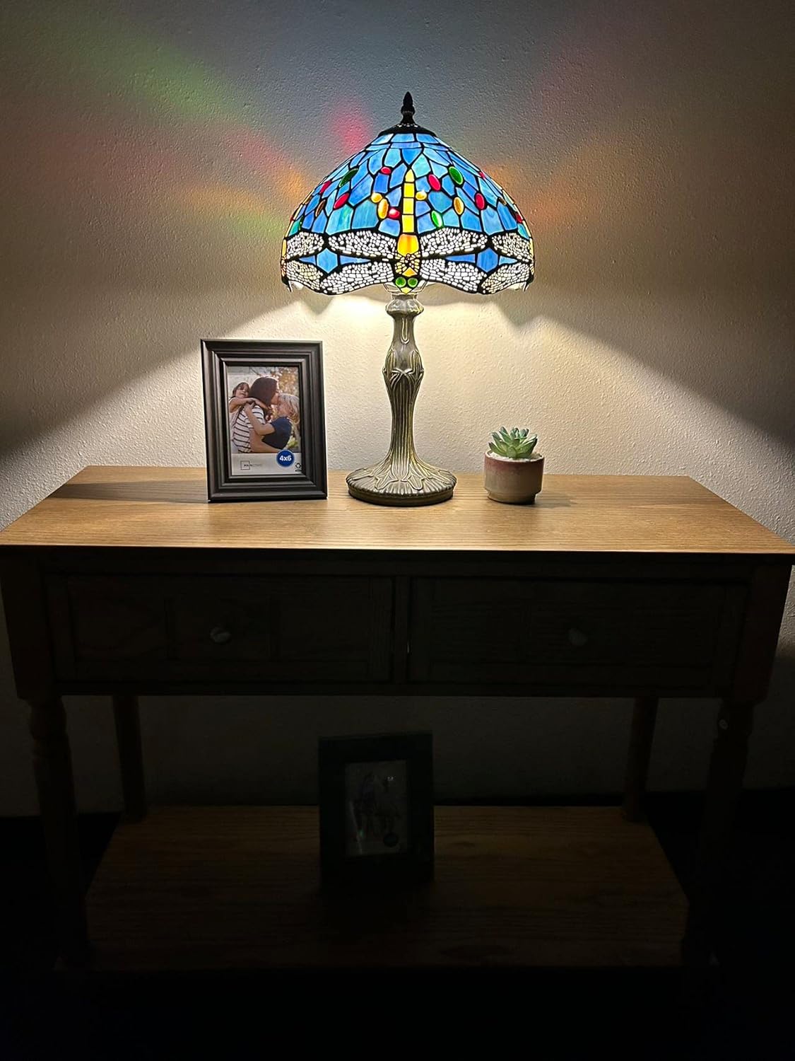 Tiffany Table Lamp Blue Stained Glass Dragonfly LED Bulb Included for Living Room Bedroom Bedside 12" W*12" D*19" H