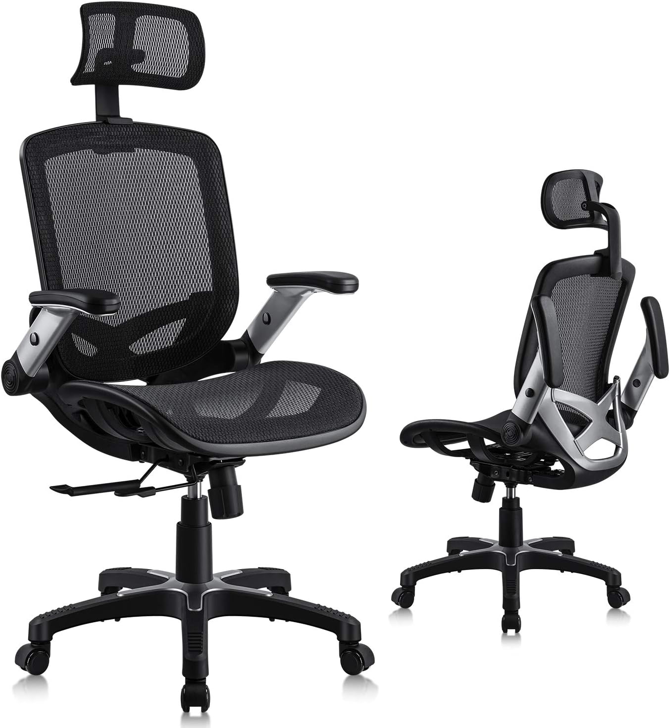 Gabrylly Ergonomic Office Chair, Mesh Chair with Sliding Seat and Flip-Up Arms, Computer Desk Chair - Adjustable Headrest, Lumbar Support, Tilt Function, Swivel PU Wheels