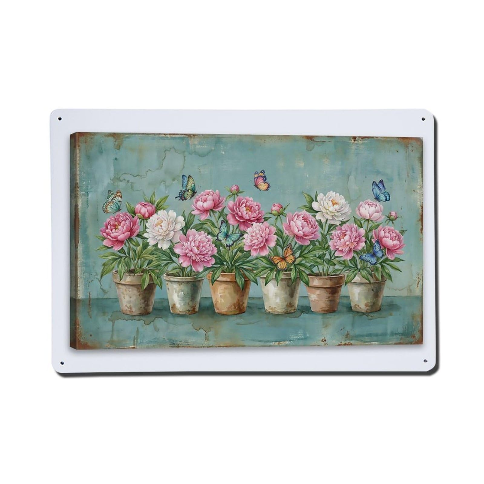 Vintage Rustic Flower Potted Plants Peony Metal Tin Sign