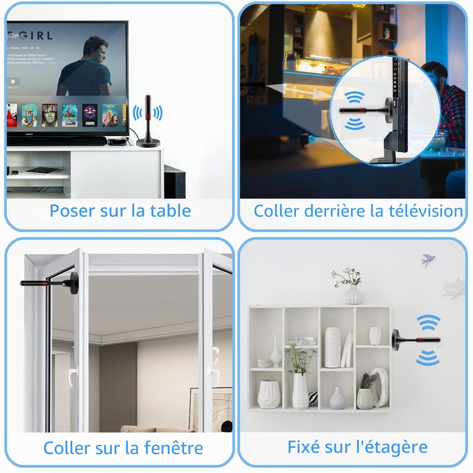 Antenne TV d'intérieur pour Smart TV avec amplificateur de signal - Antenne TV numérique pour Freeview TV - Longue portée de 900 km - Prise en charge 4K 1080p - Avec base magnétique/câble coaxial de 5