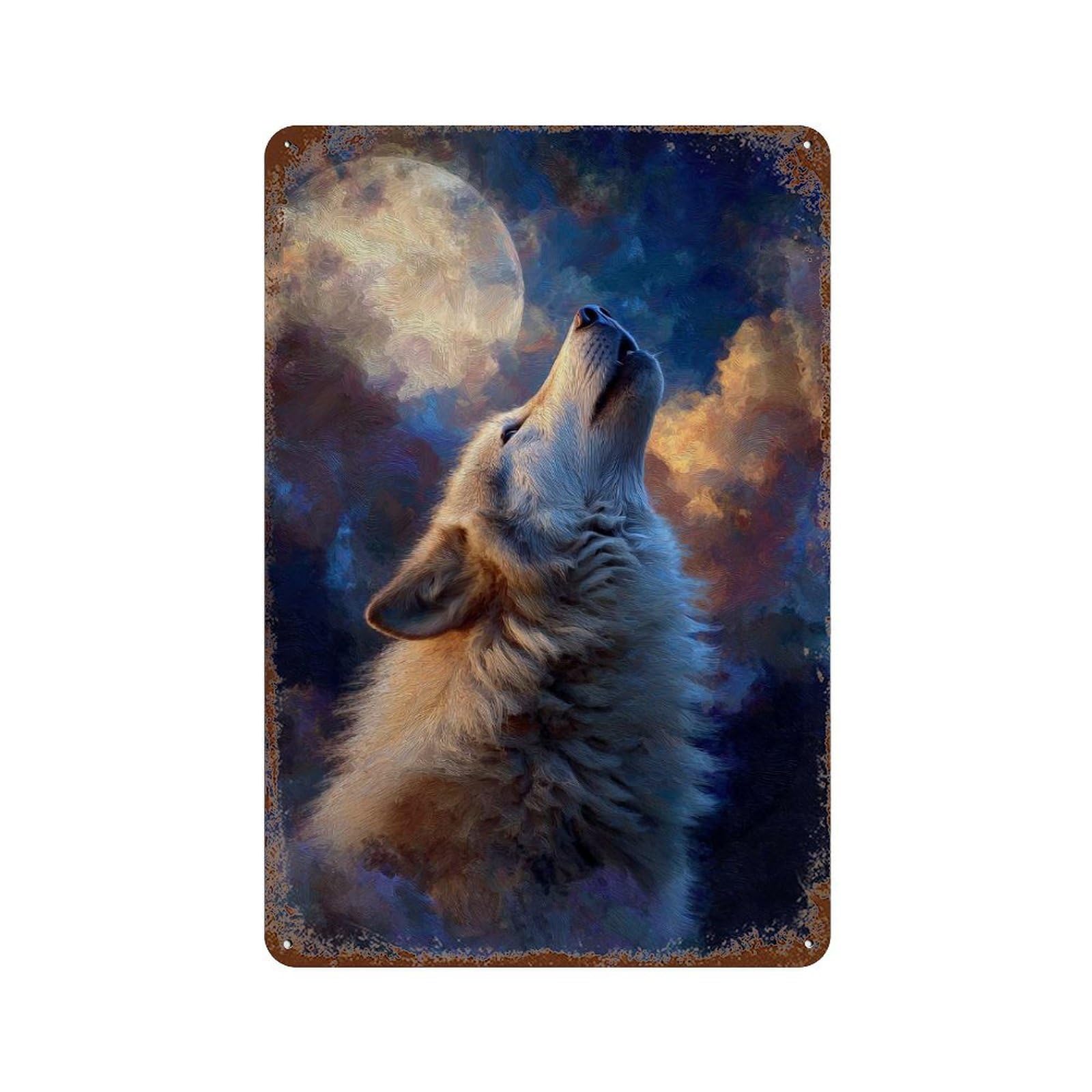 Wolf Howling at The Moon Painting Rust Effect Tin Sign 11.8"x7.9", Novelty Wall Decor for Garage, Pub Or Kitchen