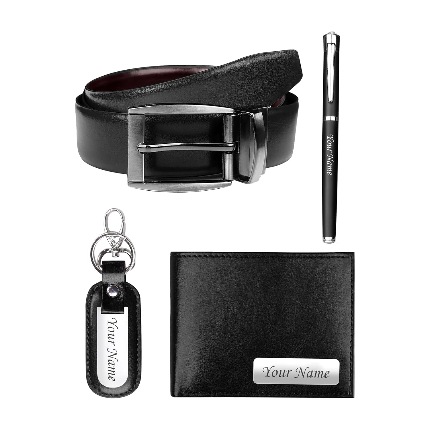The Wallet Store Personalized Wallet Pen Key Chain & Belt Combo Gift Set for Men | With Name | Vegan Leather | Best Combo for Brother, Husband, Father, Boyfriend, Etc (BLACK-PN02-KC11-BT01-WL14) (B0BYXZXCKG) Amazon Price History, Amazon Price Tracker