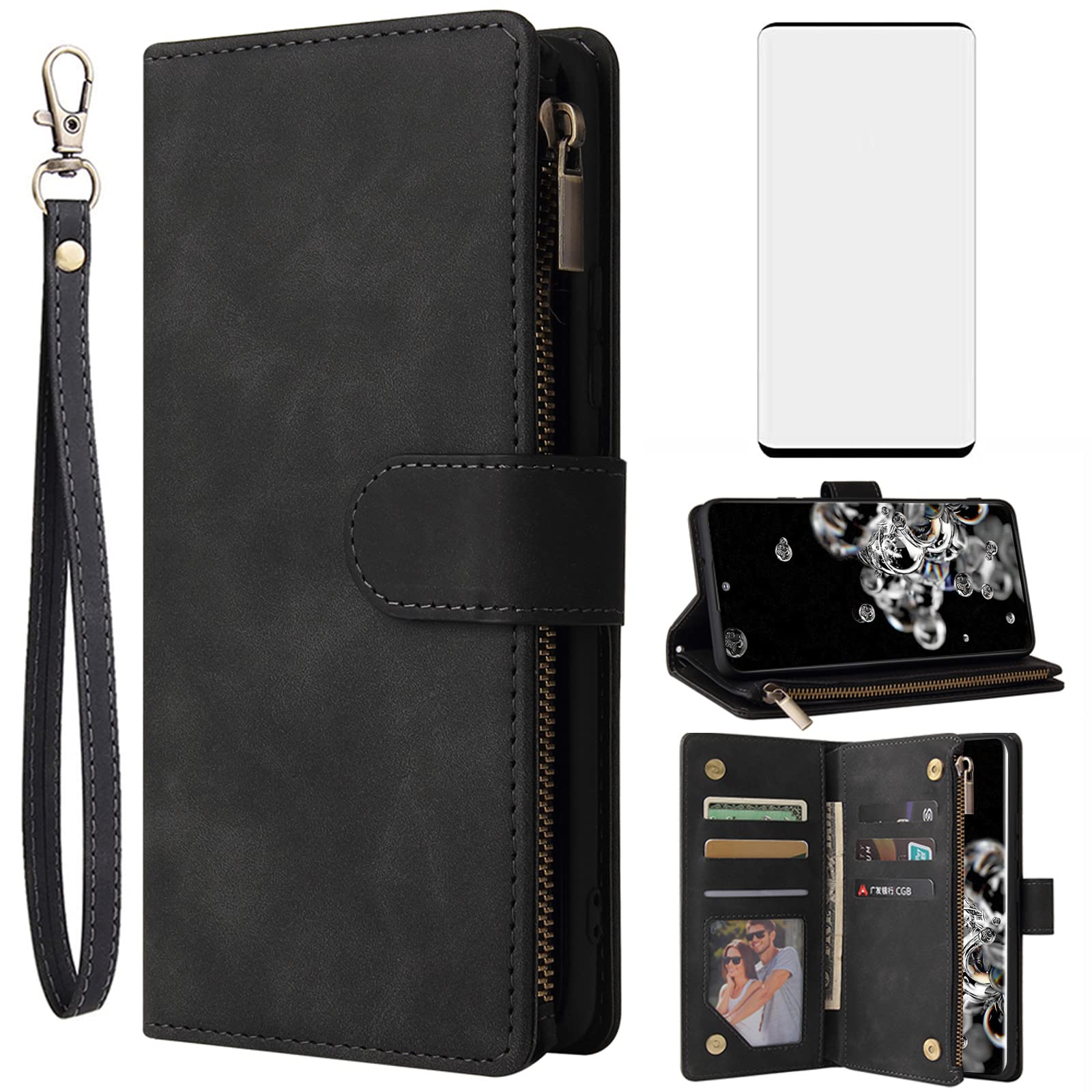 Asuwish Compatible with Samsung Galaxy S20 Ultra Glaxay S20ultra 5G Wallet  Case Tempered Glass Screen Protector and Flip Cover Card Holder Cell Phone