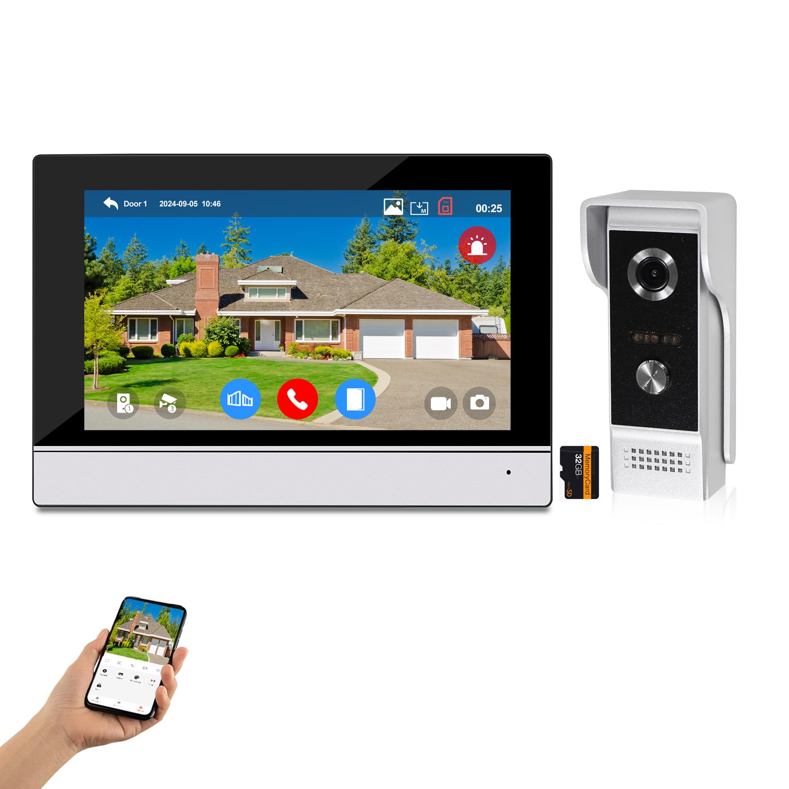 Tuya Sistema Campanello Video WiFi con Cavo,Videocamera da 7 pollici con Monitor 1080HD IR Visione Notturna per Casa Ufficio in Villa