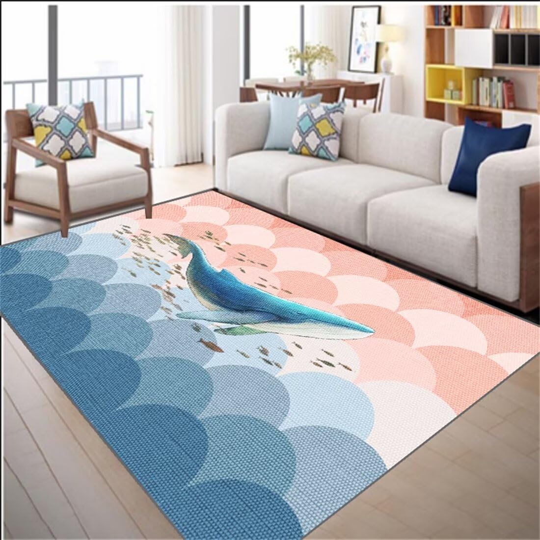 Tapis de canapé lavable et robuste au design demi-cercle rose et bleu