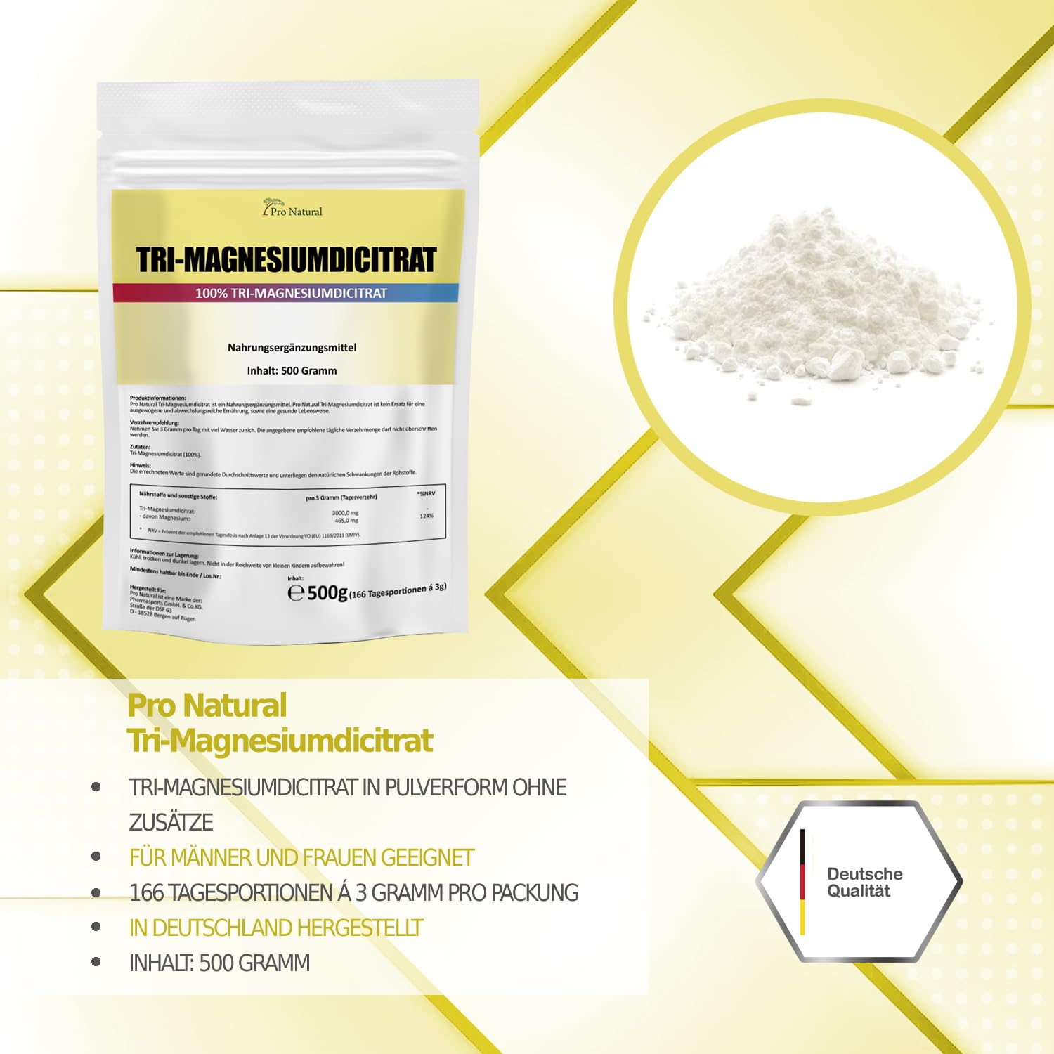Magnesium Citrat 1kg veganes Pulver hochwertiges Tri-Magnesiumdicitrat wasserfrei (2 mal 500g)