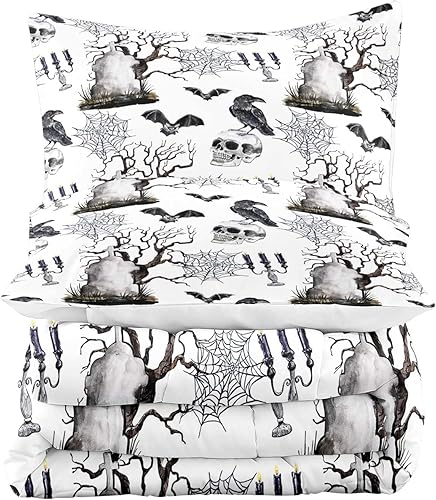 Miniatura 4 de LUVIVIHOME Juego de edredón de 3 piezas de calavera, tamaño King, negro, cuervo, murciélago, telaraña, esqueleto, gótico, calavera, blanco,