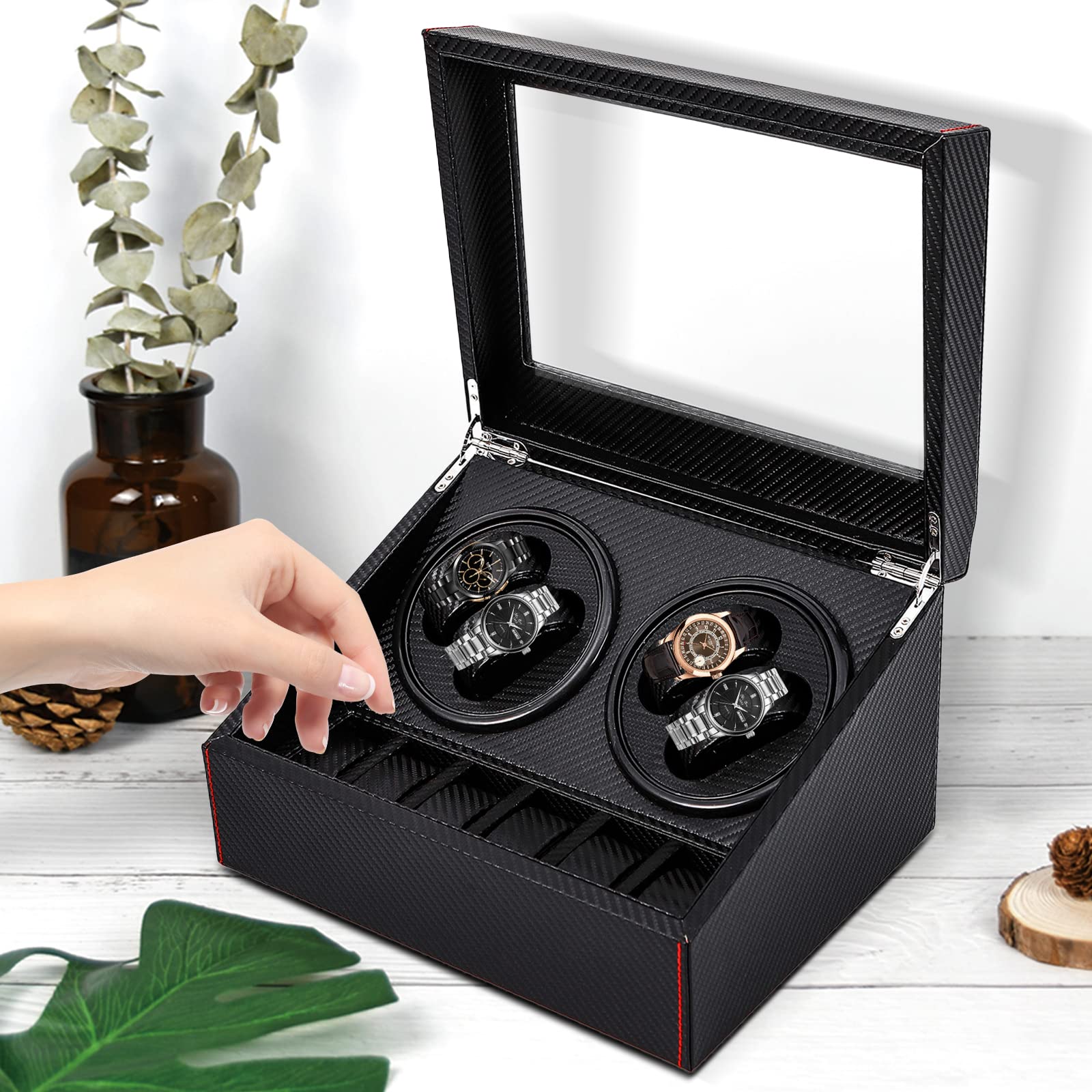 4+6 Uhrenbeweger Automatikuhren Beweger Uhren Watch Winder Box Uhrenbox PU-Leder Watch Winder für Herren und Damen Uhrenbeweger Automatik 31 * 24 * 18cm Schwarz