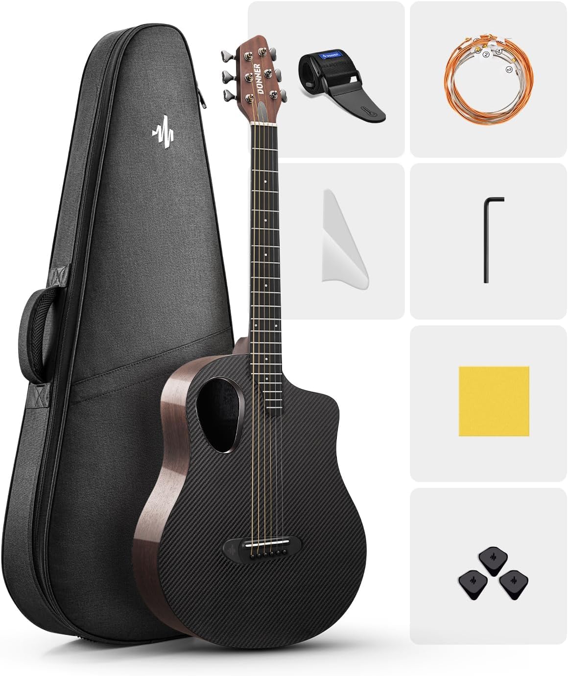 Donner RISING-G1 Carbon Fiber Akustik Gitar Seti (Parlak Siyah)