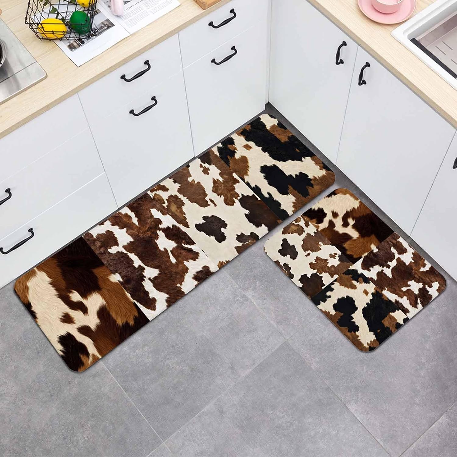 Prime Leader Cowhide Kitchen Mat Set 2 Pieces Cow Skin Texture Abstract Countryside Western Non Slip Kitchen Rugs Washable Runner Rug Mats for Sink Laundry (19.7" x 31.5"+19.7" x 47.2")