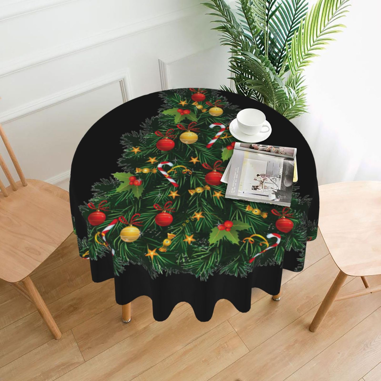 Uusnwaa Christmas Tree Print Round Tablecloth 60 Inch, Stain Wrinkle Resistant Washable Polyester Table Cover For Kitchen Party