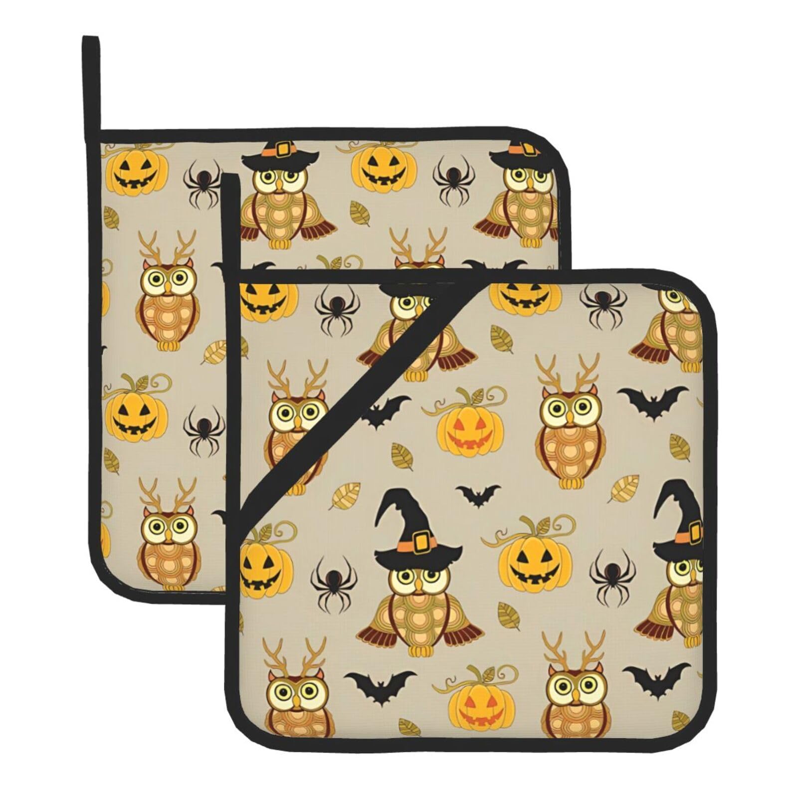 WHJDPP Halloween Pumpkin and Owl Prints Square Hot Pads for Kitchen Counter - Waterproof Pot Holders Set of 2, Heat Resistant Trivets with Pocket & Hanging Loop for Serving, Oven & BBQ