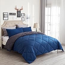 Kuzmaly Soft Comforter Sets 3 pcs - Queen Size Down Alternative Comforter with 2 Pillowcases - Reversible Microfiber Bedding Set for All Season - Breathable, Lightweight and Fluffy - Blue/Grey, Queen