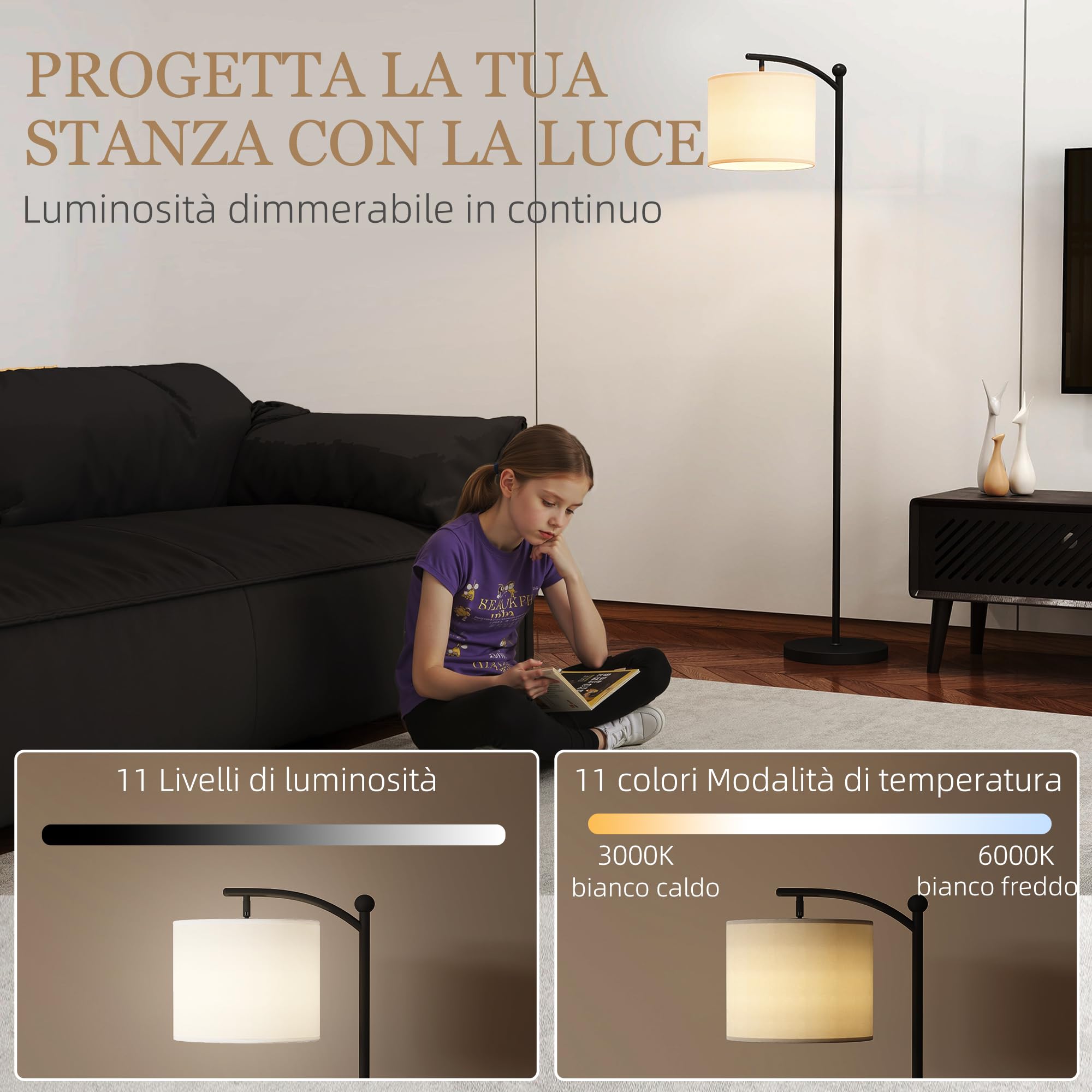HOMCOM Lampada da Terra a LED Dimmerabile con Telecomando Piantana Nero | Lampada con Luce Regolabile, 11 Colori di Temperatura, 11 Luminosità, Timer 60 Minuti, per Salotto, Soggiorno, Camera