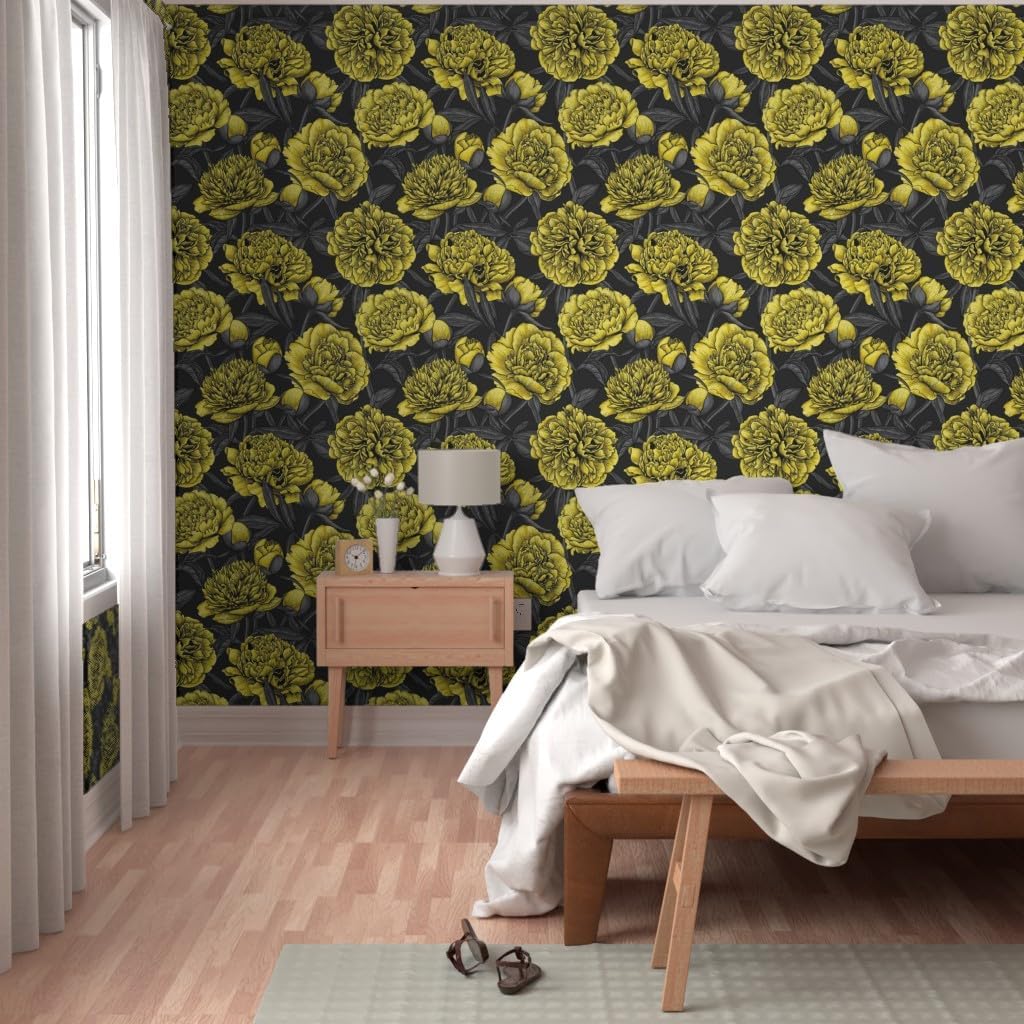 Peel & Stick Wallpaper 3ft x 2ft - Night Peony Yellow Gray Flower Leaves Floral Nature Plant Ink Custom Removable Wallpaper by Spoonflower