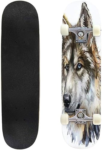 Pintura digital al óleoMonopatín de lobo gris, 31 x 8 pulgadas, patinetas de doble deformación, patineta para deportes de calle al aire libre,