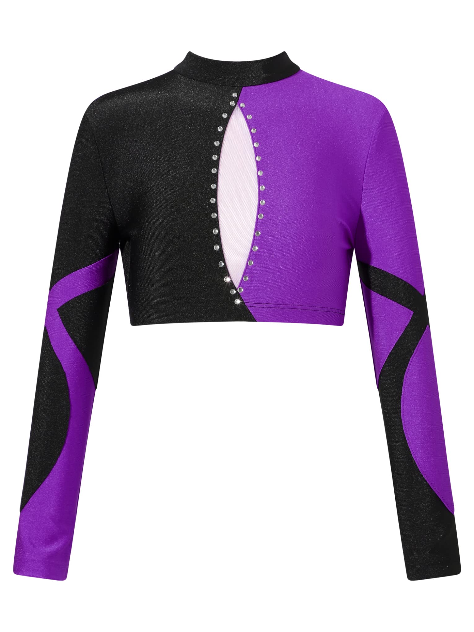 JanJean Kids Girls Long Sleeve Shiny Rhinestone Dance Crop Top for Hip Hop Jazz Streetwear Performance Show Purple 10 Years