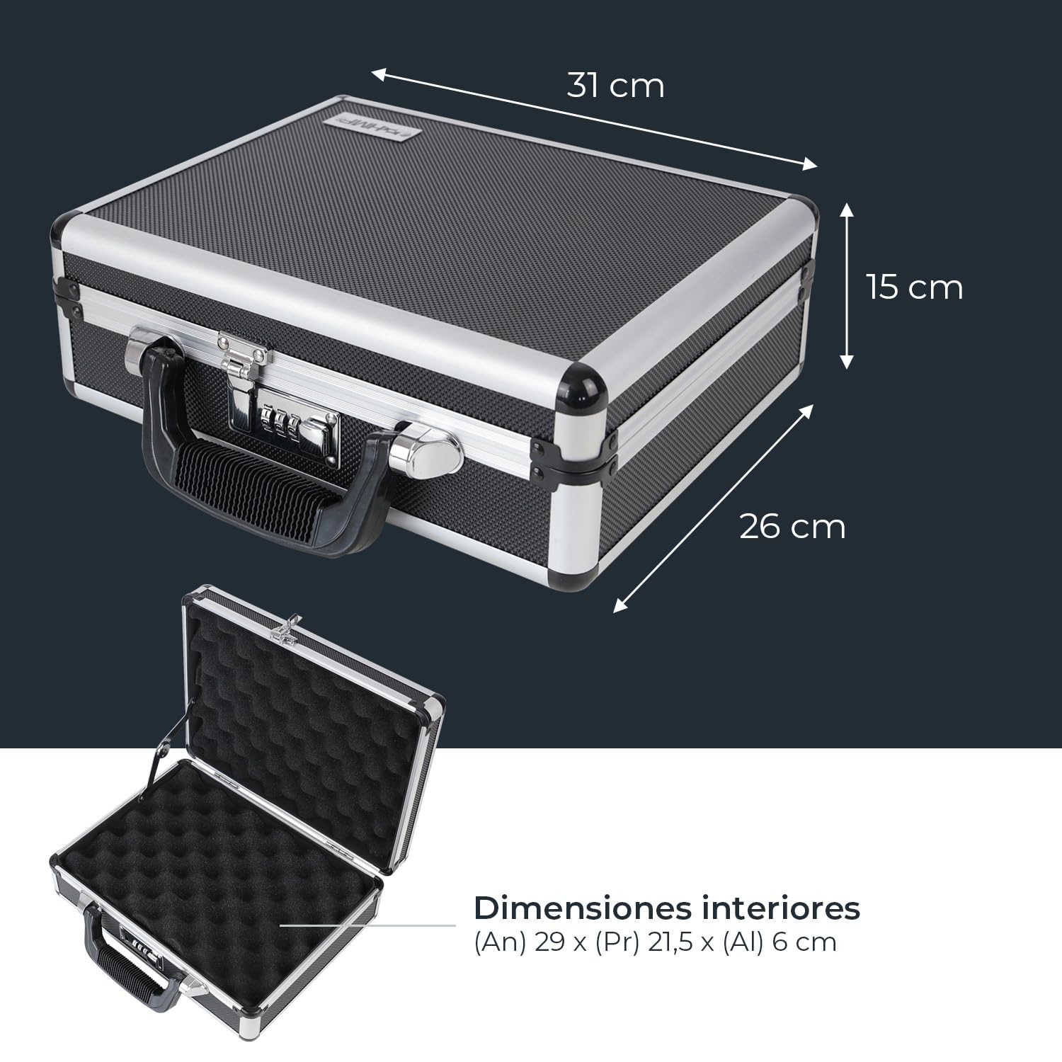 HMF 14401-02 Maleta de Aluminio para Pistolas con Cerradura de Combinación | 31 x 26 x 11 cm | Negro