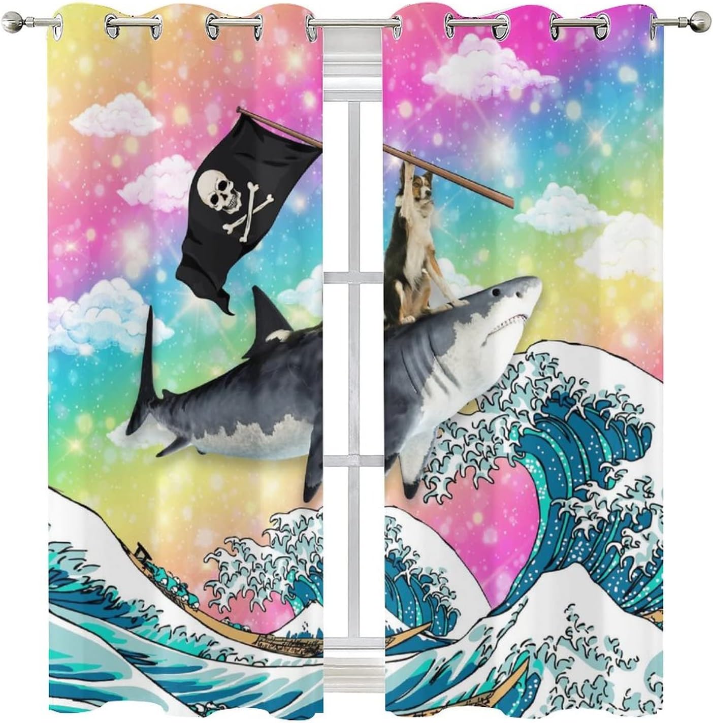 Funny Shark Dog Ultra Soft Premier Blackout Curtains,Fantasy Rainbow Colorful Sky Japnese Great Wave PrintThermal Insulated Bedroom Noise Reducing Patio Door Grommet Top,2 Panels 63L x 27.5W
