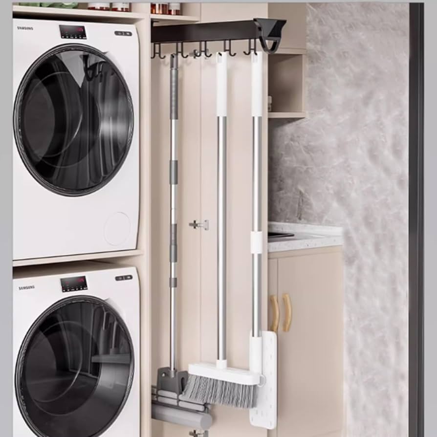 Supporto Estraibile Per Scope E Mocio In Alluminio Con 20 Ganci - Organizer Da Parete Per Garage E Cucina