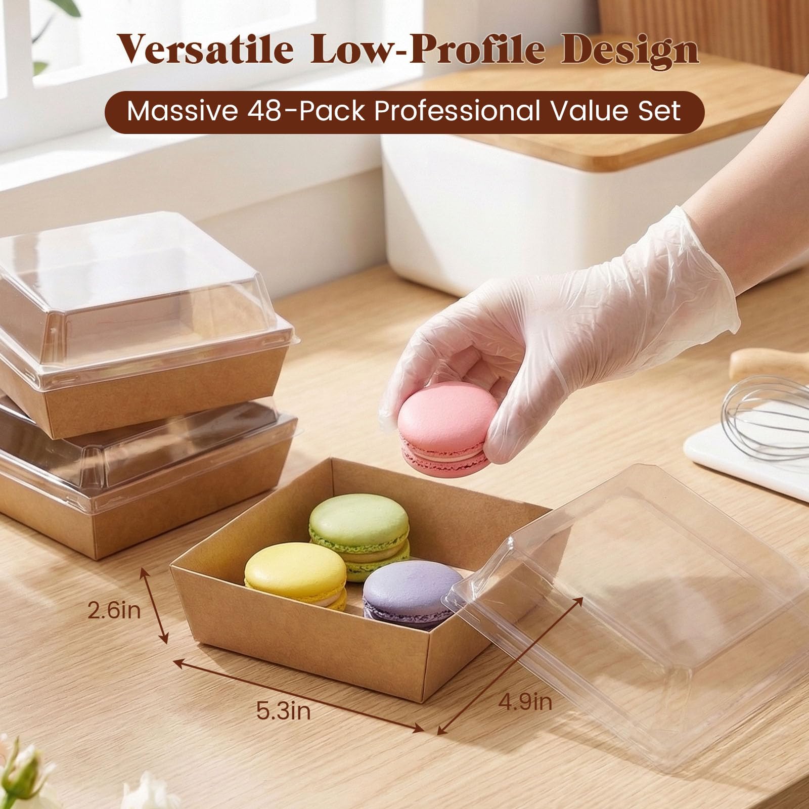VGOODALL 48 scatole di carta per salumi, contenitori usa e getta con coperchio trasparente, scatole bianche da forno per torte, fette, pasticceria, panini, dessert da asporto