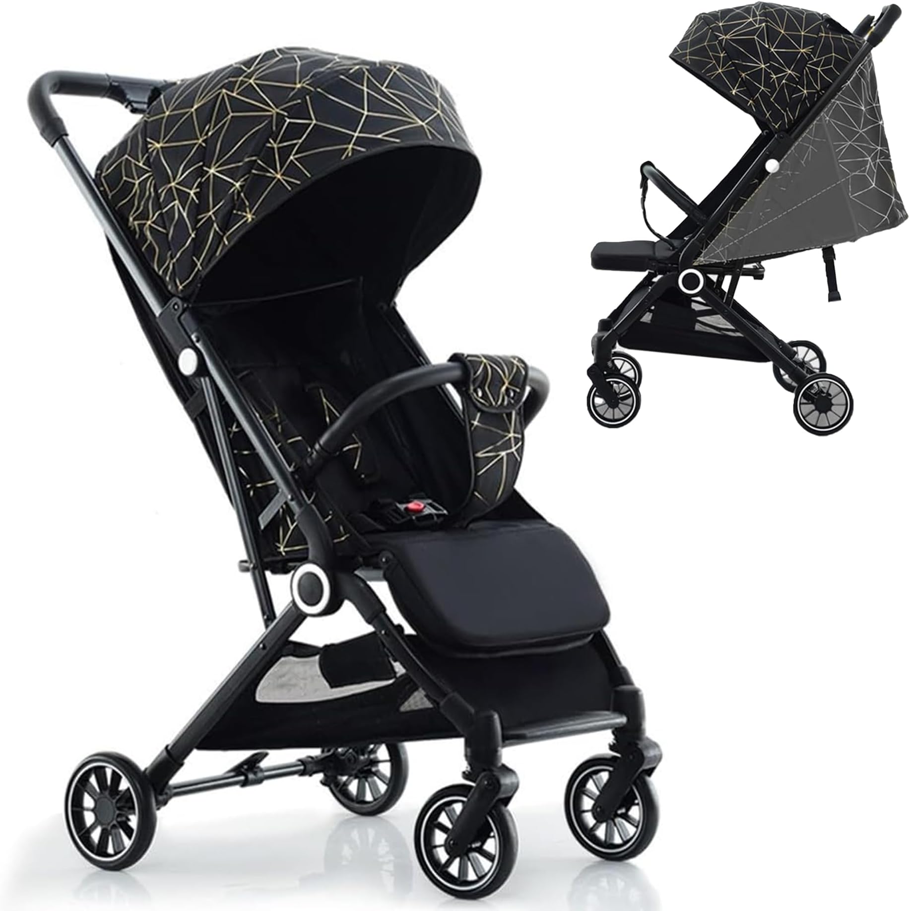 MONOCUSโข Baby Stroller Lightweight Cabin Pram & Infant Carrier Push Chair - Foldable All-Terrain Stroller With Convertible Double Seats, Car Seat Compatibility, and Convenient Stroller Bag, Black