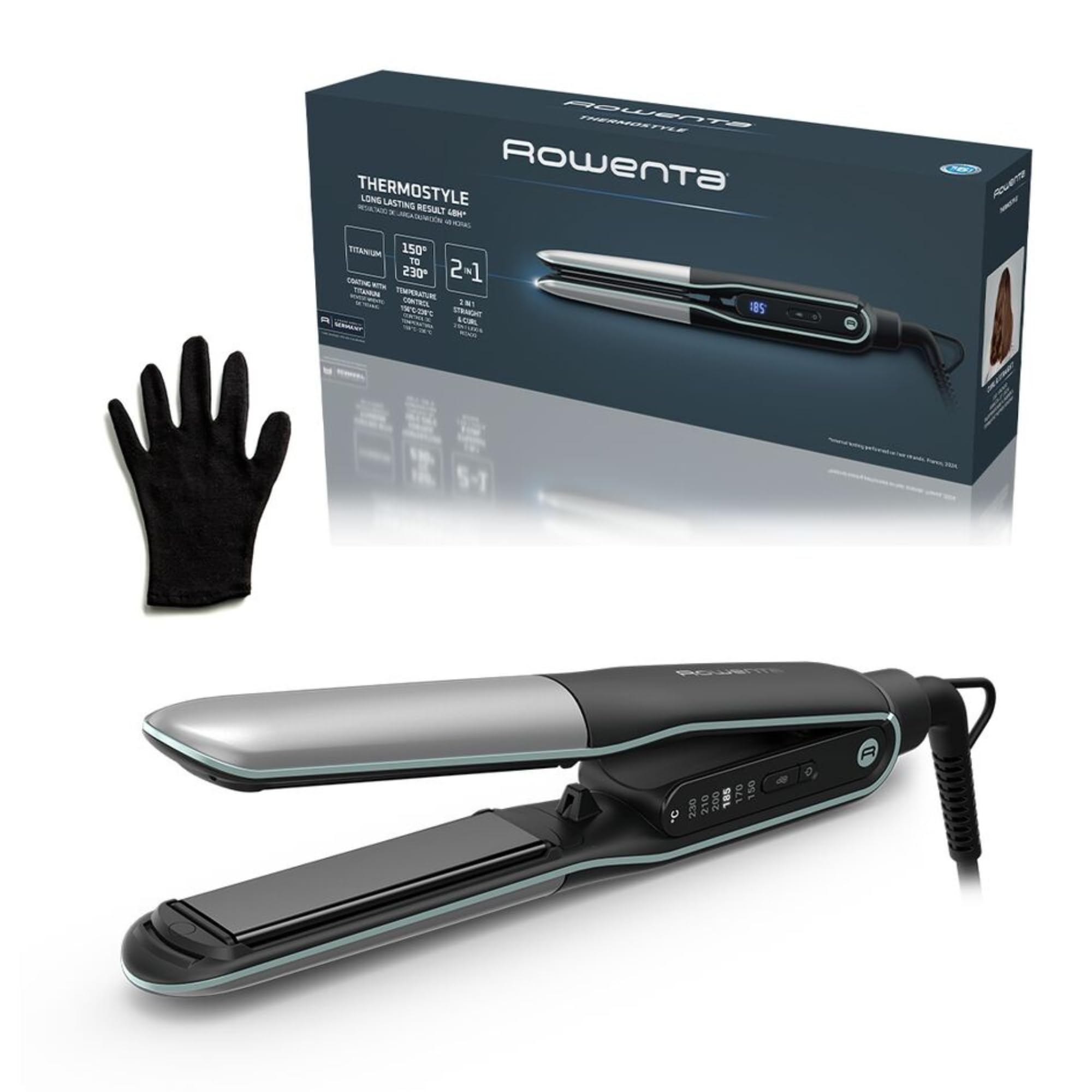 Rowenta Thermostyle, Plancha de Pelo Iónica 2 en 1, Revestimiento de Titanio y Cerámica, Alisado y Rizado con Resultados Duraderos, Temperatura Ajustable hasta 230°C, SF7120