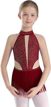 Kids Girls Sparkly Rhinestone Latin Dance Leotard Fringe Bodysuit Rumba Samba Salsa Jazz Dance Costume
