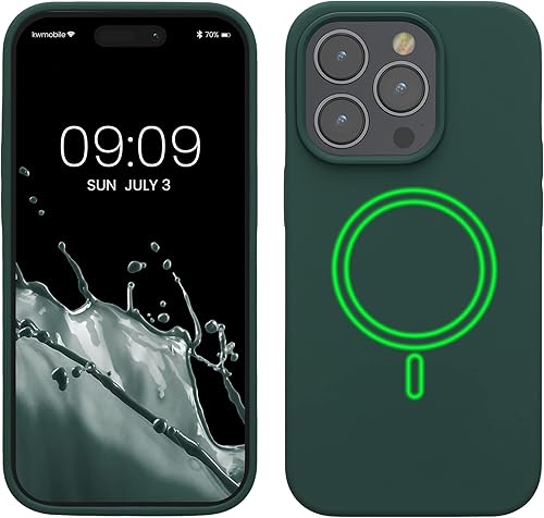 kwmobile Funda de silicona TPU compatible con Apple iPhone 14 Pro - Funda magnética - Compatible con MagSafe - Verde musgo