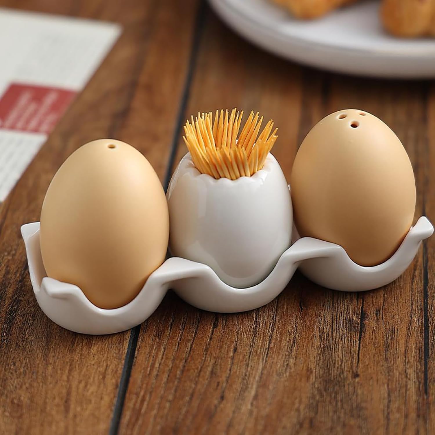 Gaolinci Set of 4 Egg Shape Porcelain Salt and Pepper Shakers and Toothpick Holder and Tray.