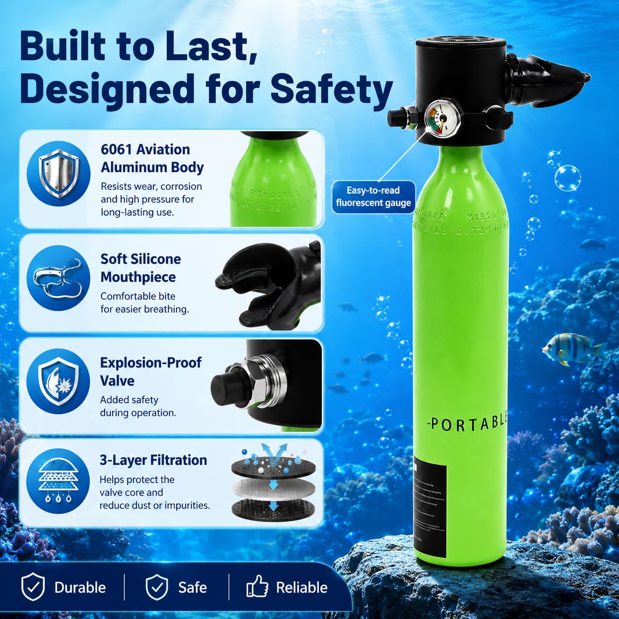 Mini butelka do nurkowania, 0,5 l, zestaw butelek do nurkowania, wielokrotnego użytku, 5-10 minut oddychania pod wodą, do gabinetu nurkowania lub jako zapasowa butelka powietrzna