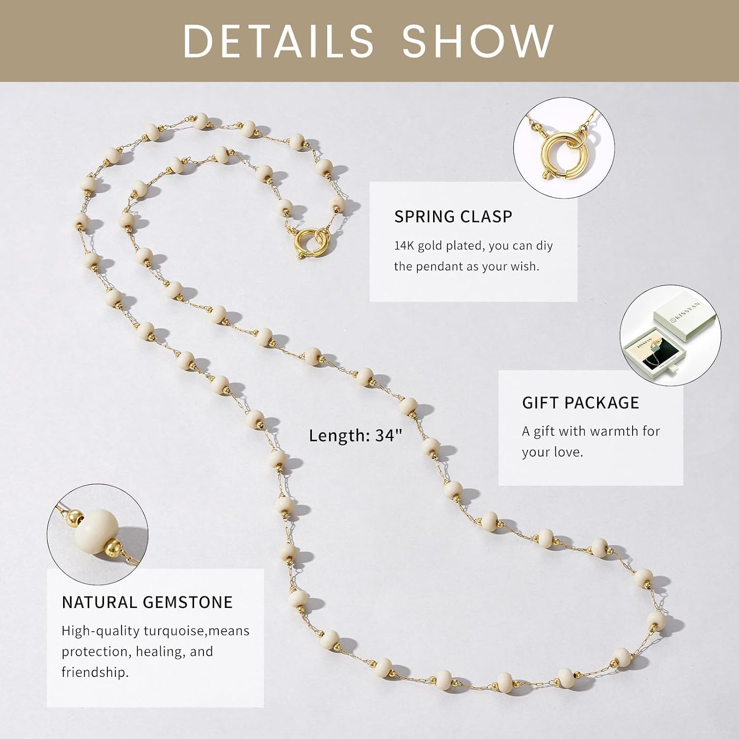 KissYan Long Necklaces for Women, 14K Gold Plated Beaded Gemstone Turquoise Boho Layered Choker, Natural Stone Handmade Sweater Fashion Jewelry Gifts