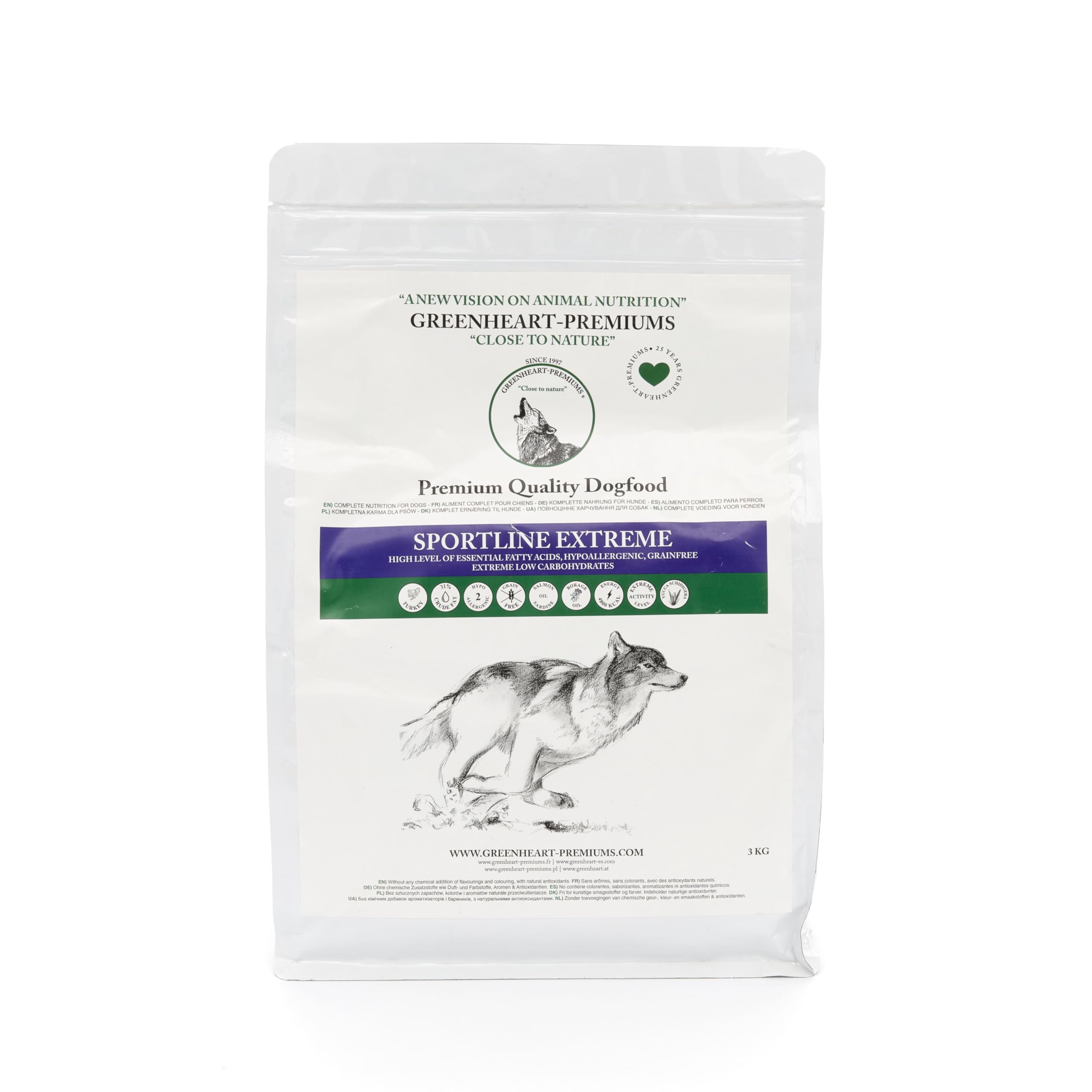 GREENHEART-PREMIUMS | 3 kg krokiety SPORTLINE EXTREME | Psy sportowe i robocze, wysoka energia | Produkt premium | 100% naturalne składniki, bez aromatycznych barwników i przeciwutleniaczy chemicznych