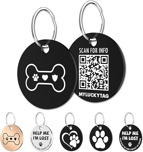 MYLUCKYTAG Etiquetas de identificación de mascotas con código QR de acero inoxidable - Perfil en línea de mascotas - Escanea QR Recibir correo
