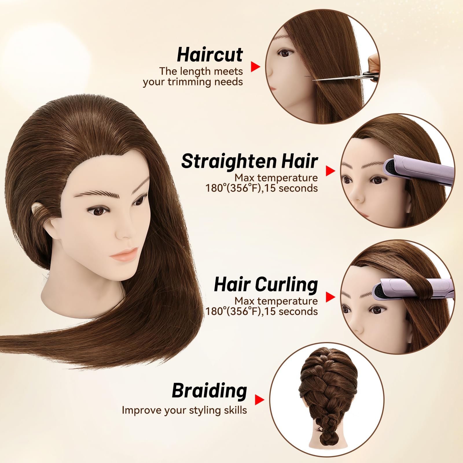 Frisierkopf, Frisierkopf mit 90 % Echthaar, 61 cm, Puppenkopf für Haarstyling, Kosmetologie und Training, Stylingkopf mit Tischklemmenhalter, Braun