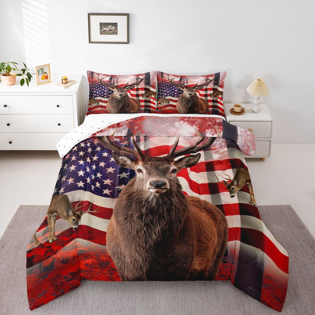 American Flag Comforter Set, Cute Deer Down Comforter Queen For Kids Boys Teens, United States Bedding Set Usa Federations Stars Duvet Sets Geometric