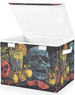 Large Storage Bins Skulls Fruits Soda Colorful with Linen Foldable Storage Cubes Fabric Closet Organizer Containers box with Flip-Top Lid for Home Office Closet 16.5” x 12.6” x 11.8”