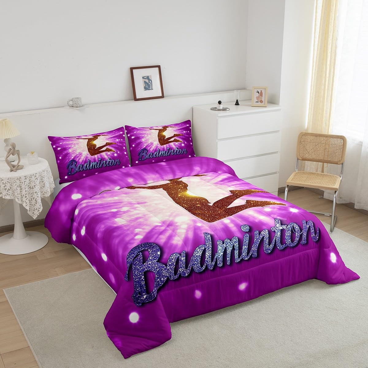 jejeloiu Badminton Bedding Set Toddler Size Kids Sports Game Comforter Cover for Boys Girls Teens Clear Purple Duvet Cover Breathable Soft Lightweight Microfiber