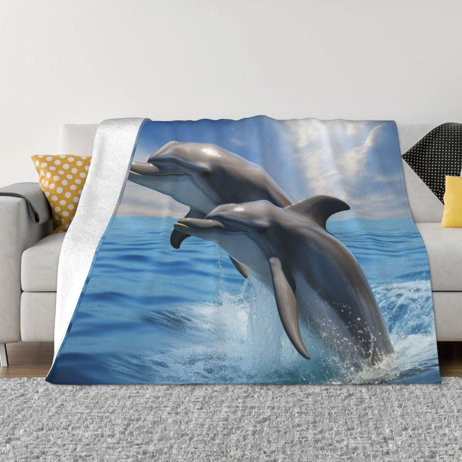 KLOPH Two Dolphins Throw Blanket 40"x30" Flannel Fluffy Warm Blanket for Couch, Reversible Plush Blankets for Bed, Comfy Fuzzy Blanket for Sofa, Plush Lightweight-Blankets for All Season