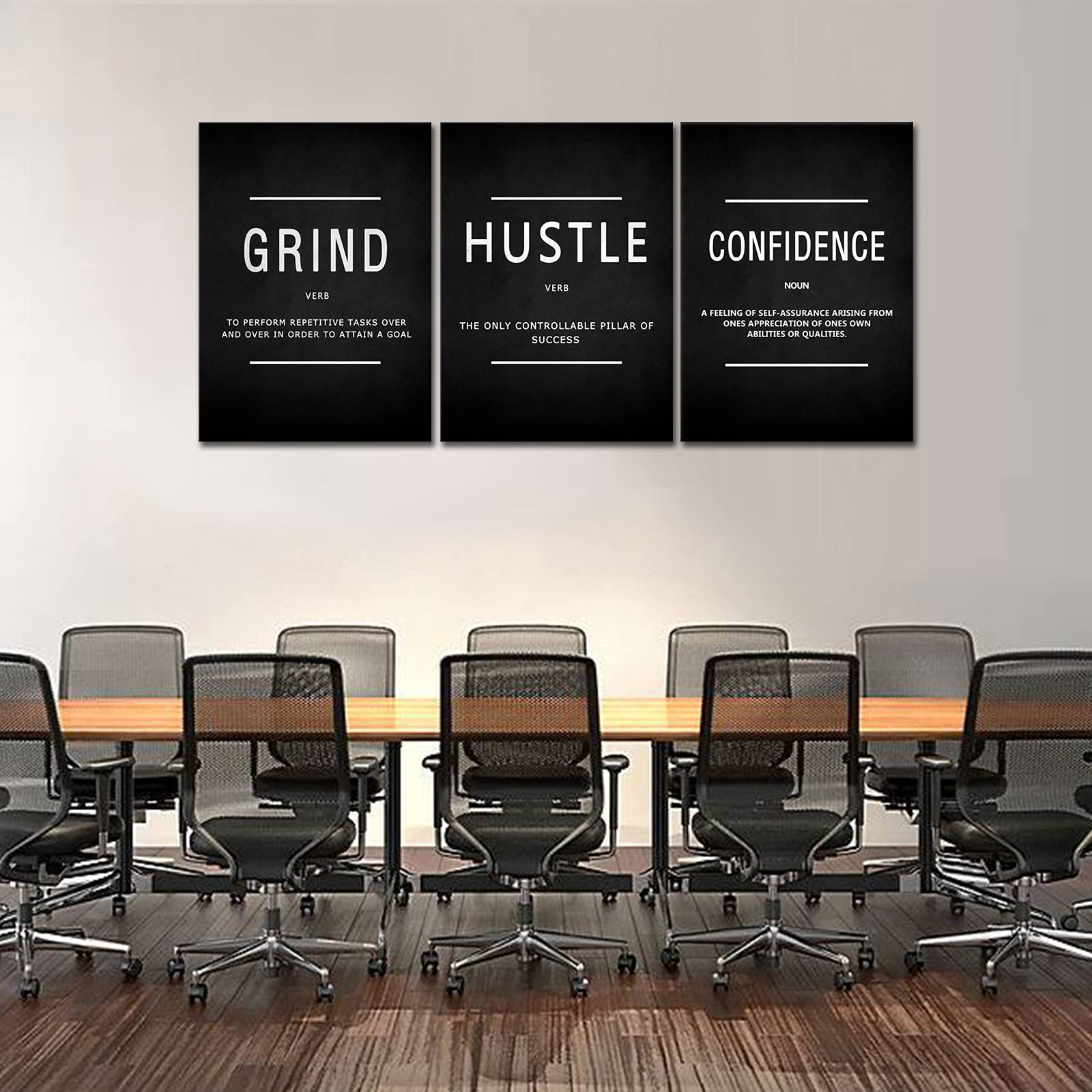 KAWAHONE Stampa artistica da parete motivazionale su tela, con scritta "Grind" Hustle Confidence, decorazione da parete incorniciata con citazioni motivazionali, per ufficio, posto di lavoro, pronta