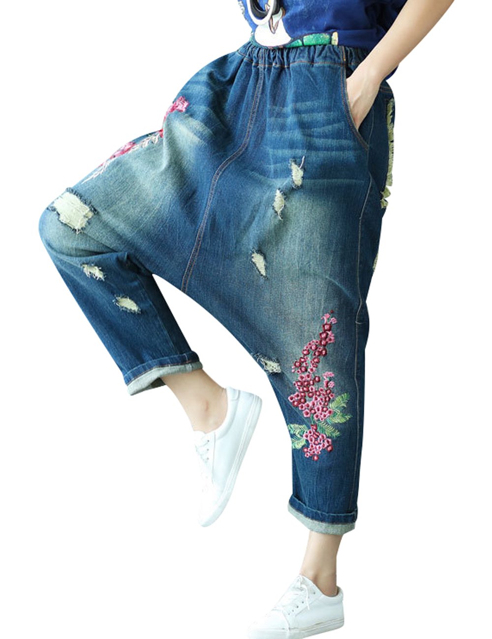 Youlee Femmes Taille Elastique Brodé Drop Crotch Pantalons Jeans Sarouel