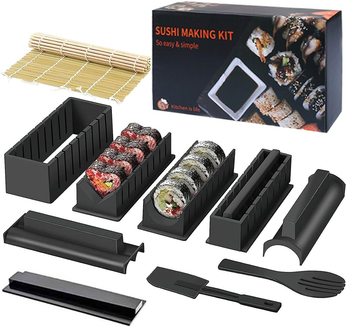 11Pcs Sushi Maker Kit,Sushi Molds Press with Sushi Rice Mold Shapes,Sushi Roller Kit with Bamboo Sushi Mat, Easy Home Kitchen Accessories DIY Onigiri Mold Sushi Maker Tool for Beginners